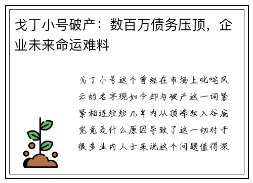 戈丁小号破产：数百万债务压顶，企业未来命运难料