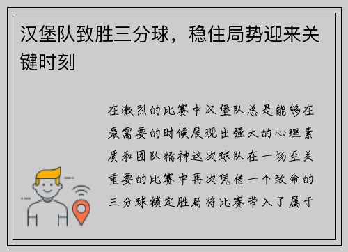 汉堡队致胜三分球，稳住局势迎来关键时刻