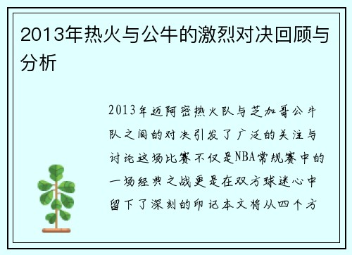 2013年热火与公牛的激烈对决回顾与分析