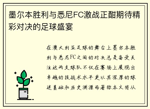 墨尔本胜利与悉尼FC激战正酣期待精彩对决的足球盛宴