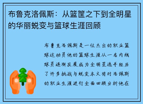 布鲁克洛佩斯：从篮筐之下到全明星的华丽蜕变与篮球生涯回顾