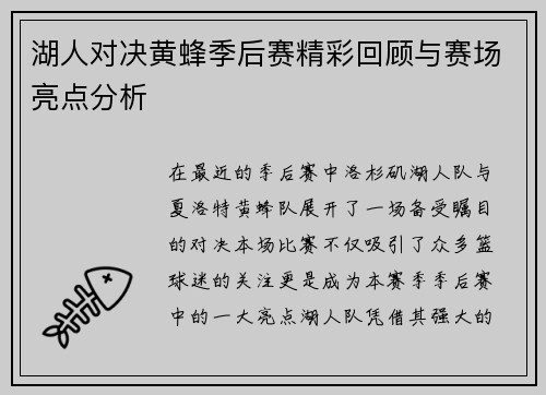 湖人对决黄蜂季后赛精彩回顾与赛场亮点分析