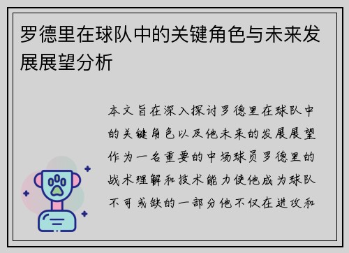 罗德里在球队中的关键角色与未来发展展望分析