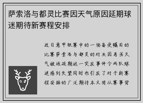 萨索洛与都灵比赛因天气原因延期球迷期待新赛程安排
