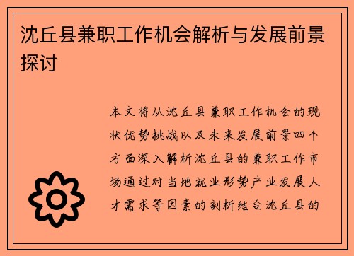 沈丘县兼职工作机会解析与发展前景探讨