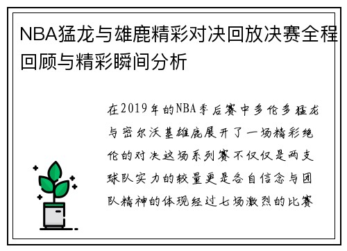 NBA猛龙与雄鹿精彩对决回放决赛全程回顾与精彩瞬间分析