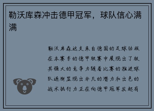 勒沃库森冲击德甲冠军，球队信心满满