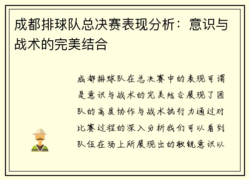成都排球队总决赛表现分析：意识与战术的完美结合
