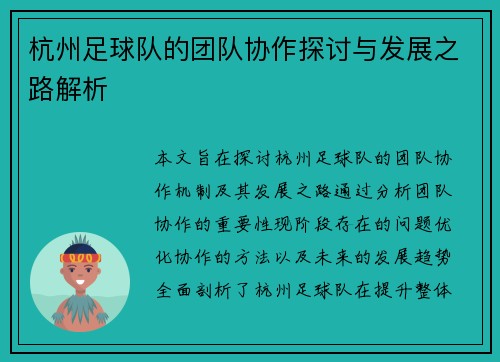 杭州足球队的团队协作探讨与发展之路解析