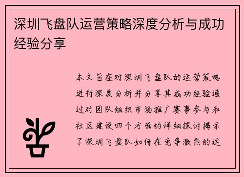 深圳飞盘队运营策略深度分析与成功经验分享