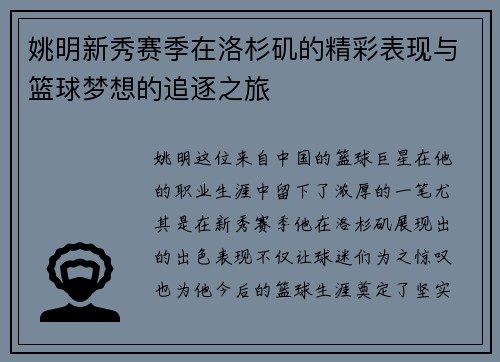 姚明新秀赛季在洛杉矶的精彩表现与篮球梦想的追逐之旅