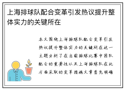上海排球队配合变革引发热议提升整体实力的关键所在
