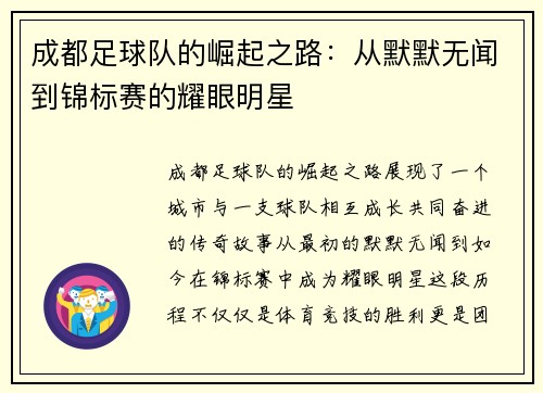 成都足球队的崛起之路：从默默无闻到锦标赛的耀眼明星