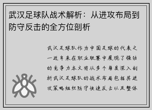 武汉足球队战术解析：从进攻布局到防守反击的全方位剖析
