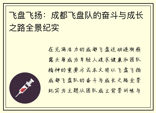 飞盘飞扬：成都飞盘队的奋斗与成长之路全景纪实